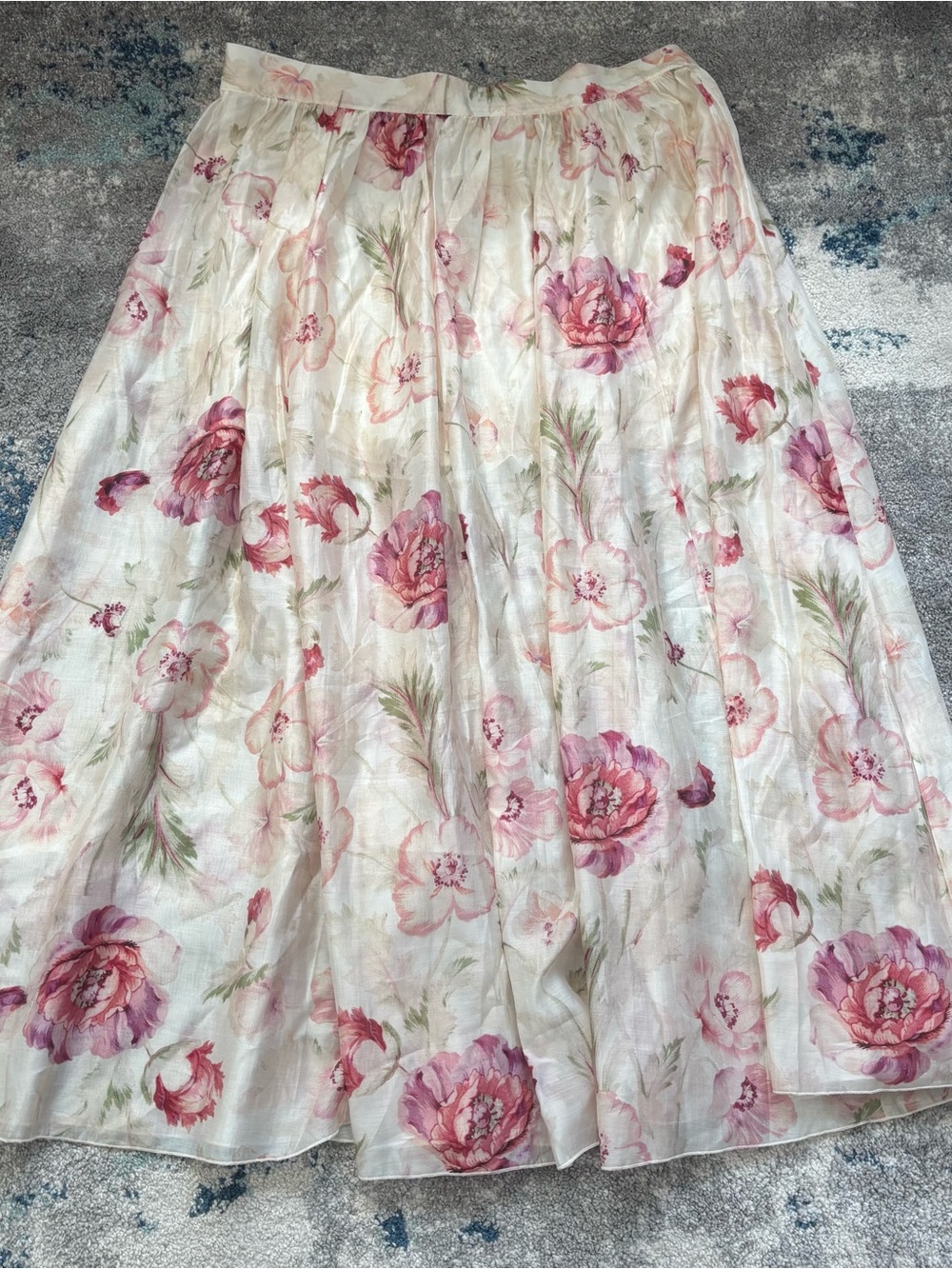 Sheer flared Floral Midi Skirt in Cream and Pink Sz XL